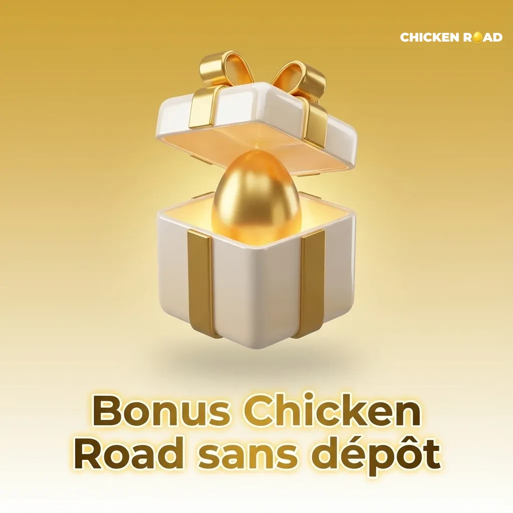 Illustration promotionnelle pour un bonus sans dépôt Chicken Road, avec poulet cartoon et jetons de casino.