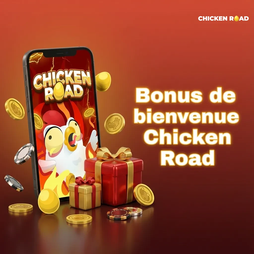 Bannière Chicken Road illustrant un bonus de bienvenue de casino offrant solde augmenté après inscription et premier dépôt