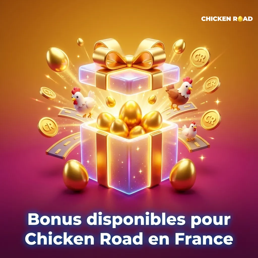 Bannière Chicken Road avec icônes de bonus, cashback, tours gratuits et tournois pour joueurs de casinos en ligne France