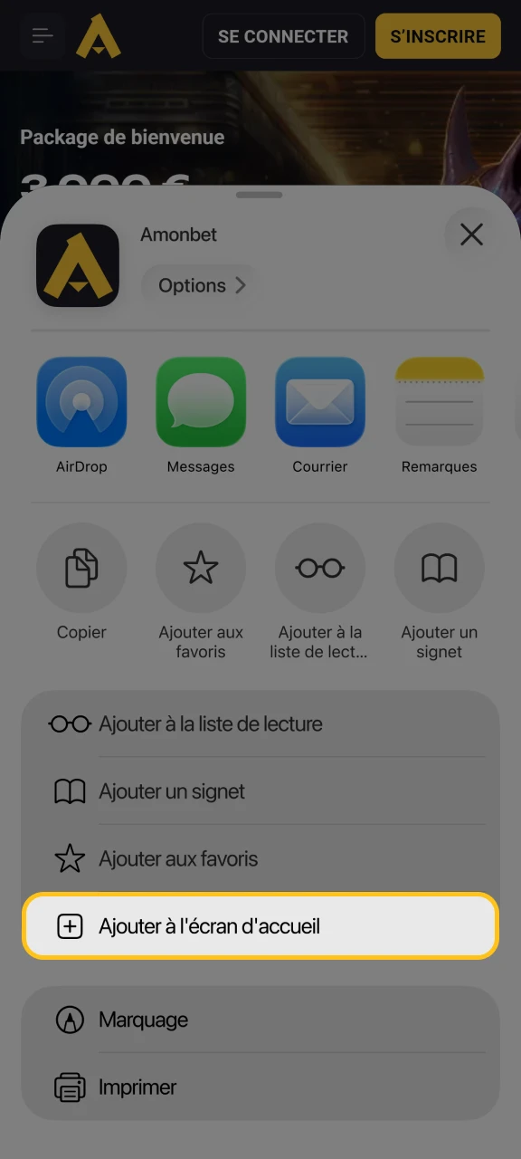 Ajoutez un raccourci à votre écran d'accueil à partir du menu du navigateur.
