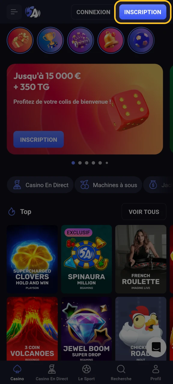 Cliquez sur le bouton d'inscription pour ouvrir le formulaire sur le site web du casino.